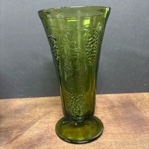 Green Pressed Glass Vase  with Grape Motif